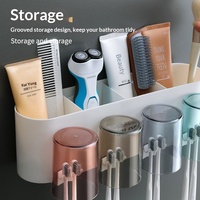 Porte-brosse à dents mural en plastique avec étagère de rangement, distributeur de pâte non perforé, ensemble de gobelets pour le brossage, le lavage et le gargarisme