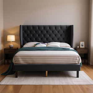 Lit capitonné en velours gris foncé avec design à ailes, lit moderne et confortable avec sommier à lattes en bois et cadre de ressorts - Product Image 2