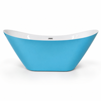 Baignoire autoportante en acrylique avec renfort en fibre de verre, intérieur blanc mat, extérieur bleu, avec trop-plein et vidange escamotable