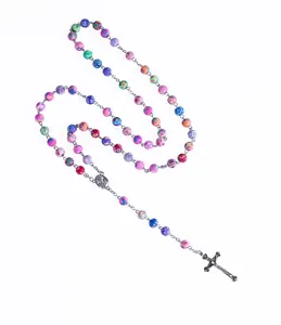 Oração religiosa Colorido Soft Clay Cruz Meninas Colar Beads Rosário Colar para Menina