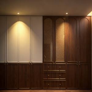 Eco-Friendly Norse Style Modern Solid Wood <b>Wardrobe</b> Custom Build With Glass-Door Lit <b>Storage</b> & Rattan Detail Accents - Product Image 2