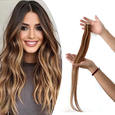 Micro Weft Hair Extensions Balayage Bruin Human Hair Extensions Kraal Inslag Chocolade Bruin Ombre Caramel Blonde Met Highlights