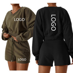 Custom Logo Long Sleeve <strong>Ladies</strong> Two Piece Sportswear Cotton <strong>Short</strong> Pant Tracksuits Women Sweatsuit Set - Product Image 1