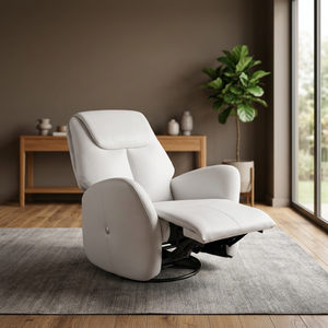 White Faux Leather <b>Recliner</b> Chair Manual Swivel Contemporary One Seat Solid Back Padded Arms Metal Frame - Product Image 1