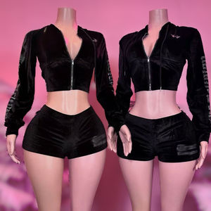 Peeqi FC1388 Automne Vente en gros Ensemble de shorts deux pièces pour femmes à manches longues avec capuche en strass Veste à glissière Shorts 2 pièces <span class=keywords><strong>Costume</strong></span> - Product Image 1