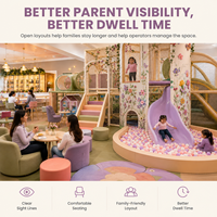Équipement de jeu intérieur souple en plastique, aménagement compact, piscine à balles, toboggan bas, sièges parentaux, mini-pont, personnalisable, sûr, pour café familial