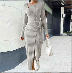 Frauen Temperament einfarbig Rundhals ausschnitt Langarm Taille Freizeit kleid - Product Image 4