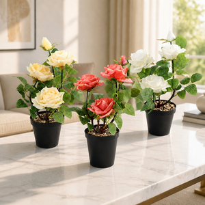 Planta Artificial Realista de Rosa em Vaso Preto para Decoração de Mesa em Casa, Escritório e Casamentos - Atacado - Product Image 1