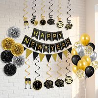 Articles de fête du réveillon du Nouvel An, décorations pour le Nouvel An, comprenant une bannière, des pompons, des ballons, des drapeaux triangulaires pour le réveillon du Nouvel An