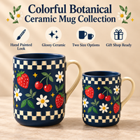 Tasse à café en céramique effet peint à la main, motif marguerite et fruits, imprimé fraise et cerise, tasse à café en porcelaine botanique colorée, vente en gros