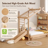 Lit mezzanine moderne en chêne massif pour enfants, taille Queen, avec toboggan, structure d'escalade, barres de grimpe, espace de rangement multifonctionnel et design gain de place