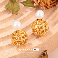 Boucles d'oreilles clous vintage de luxe pour femme, en argent 925, avec gravure, motif orb creux, fleur de rose et perle, bijoux de créateur