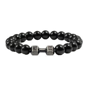Bracelets en alliage Jaunty avec perles d'onyx noir et breloque haltère en argent antique, style unisexe tendance, cadeau d'anniversaire, bijoux - Product Image 2