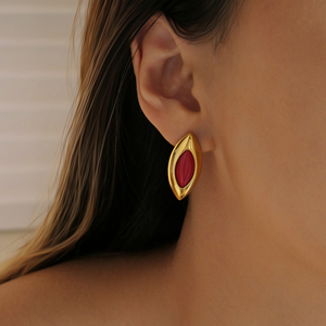 Nuovi orecchini VINTAGE ovali in pietra naturale rosso sottile Dazan NEW Ins Trendy 18k Pvd in oro placcato oro in acciaio inossidabile per attori gioielli - Product Image 1