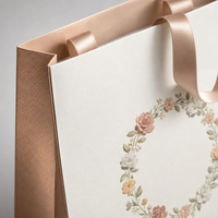 Sac cadeau en papier avec logo personnalisé, motif floral blanc, poignée en satin doré, emballage pour mariage, boutique, cosmétiques, vêtements