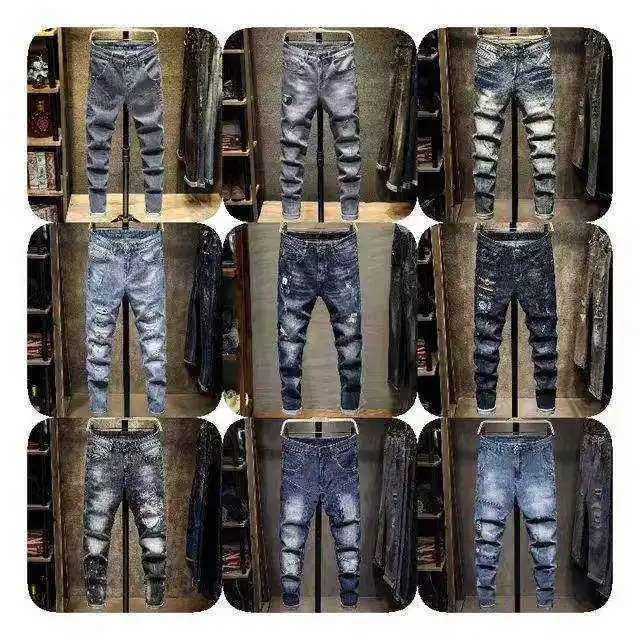 Özel erkek kot Slim Fit sıkıntılı Denim pantolon pamuk kısa Set mavi Mens pantolon için yırtık sıska kot