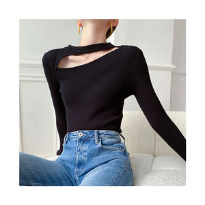 Màu rắn treo cổ Đan Áo sơ mi của phụ nữ xương đòn Rỗng ra không đều hàng đầu với lớp bên trong chặt chẽ và áo len dưới - Product Image 1