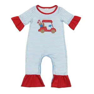 RTS Baby Girls Newborn Infants Short Sleeve Blue Golf Round Neck Summer Boutique Wholesale Fashion Boutique Rompers