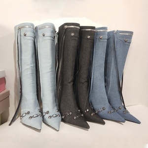 Women Denim Knee High <b>Boots</b> Metal Decor Thin Heels Long Booties High-Heeled Ladies Blue Stiletto Pumps Shoes - Product Image 6