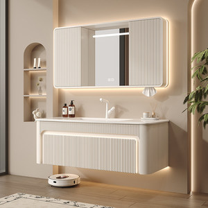 Concealed Smart Feng Shui <b>Mirror</b> Cabinet with Integrated Ceramic Basin Sliding <b>Mirror</b> French Cream-Style Oak Bathroom Vanity - Product Image 3