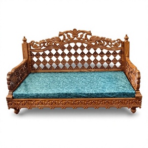 Chaise suspendue de patio extérieure en bois traditionnelle avec dossier sculpté et coussin turquoise pour 2 personnes, garantie 1 an - Product Image 2