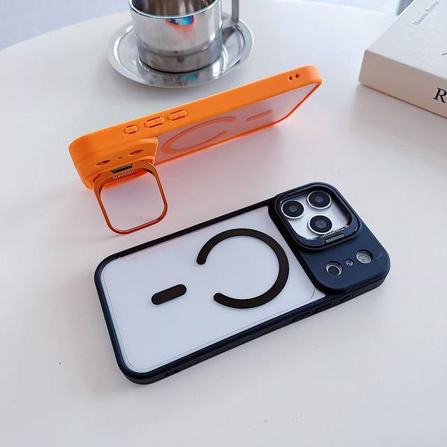 Lens Flip Metal Stand Magnetic Phone Case for iPhone 18 17 16 15 Pro Max PC Clear Matte Anti-Fingerprint Wireless Charging Cover
