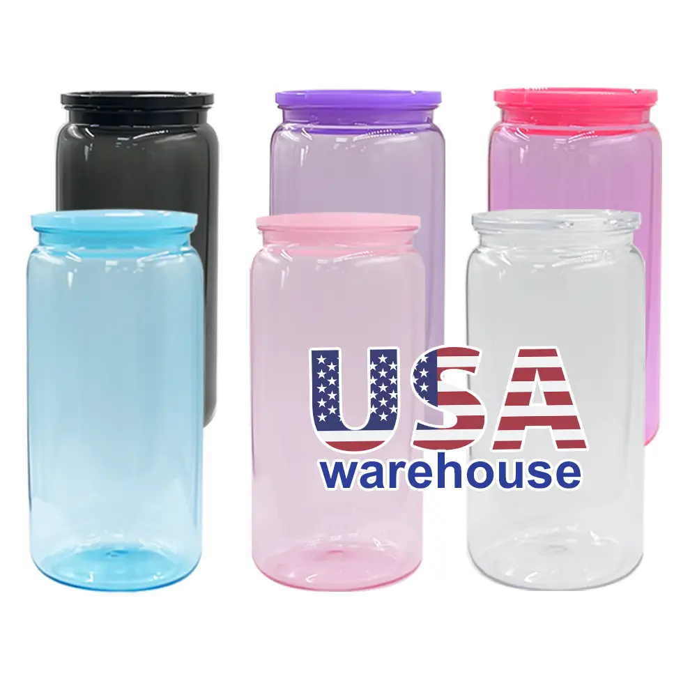 USA Warehouse BPA無料の再利用可能なゼリー16オンスアクリルプラスチックカップソーダビール缶蓋付きコールドカップとUV Dtfラップ用ストロー