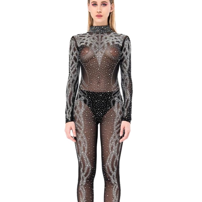 Atacado OEM Mulheres Manga Longa Cristal Bordado Preto-Prata Jumpsuit Turco Fabricação Empresa