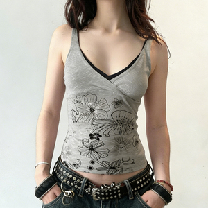 Débardeur tricoté respirant à imprimé floral Y2K, effet deux pièces, coupe ajustée contrastante sans manches pour femme - Product Image 1