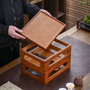 Caja de almacenamiento de doble capa tejida de bambú con tapa, organizador de escritorio para juego de té y tetera de arcilla púrpura, almacenamiento de tazas de té - Product Image 2