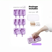 Lot de 3 moules à glaces réutilisables en silicone sans BPA, motifs de dessins animés, avec 3 couvercles et 150 bâtonnets pour les grossistes
