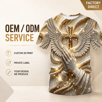 T-shirt religieux imprimé en 3D pour hommes, mains en prière, ailes d'ange, polyester à séchage rapide, manches courtes, Faith