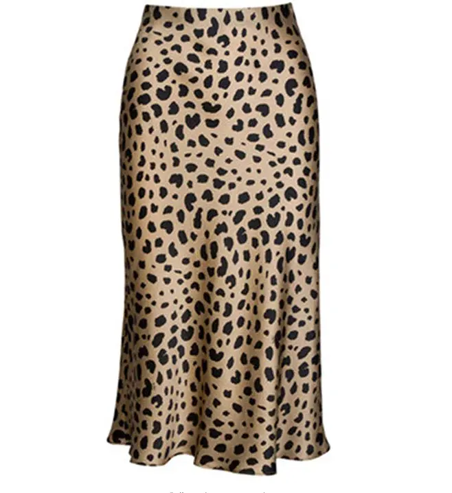 Leopard Midi Skirt Plus Size for Women High Waist Silk Satin Elasticized Skirts