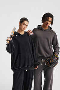 Unisex High Quality 380gsm French Terry Hoodie Set Custom Oversize Acid Snow Wash Distressed Ripped Vintage Hooded Tracksuit - Product Image 3