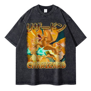 Camiseta Personalizada para Hombre, de Algodón 100%, 240 Gramos, Color Negro Intenso, Lavado Ácido, Diseño Vintage con Gráficos de la Serie Eevee, Charizard, Anime - Product Image 2