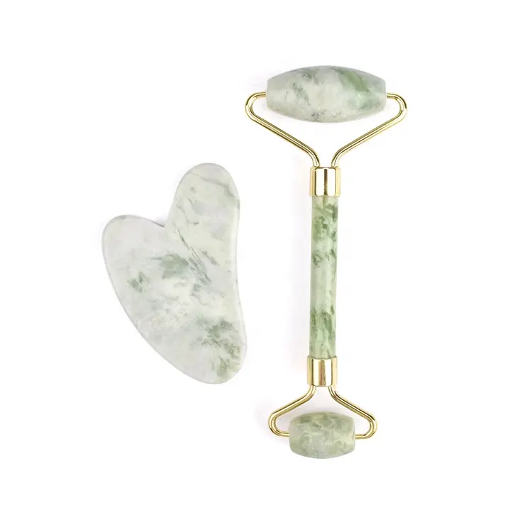 Echtes Jade-Gesichtsmassage-Werkzeugset Naturstein walze Herzförmiges Guasha-Schaber-Milch-Jade-Walzen-und Gua-Sha-Set