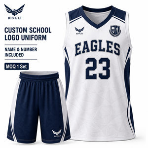 Maglie per Squadre Scolastiche per Bambini, Sublimazione Completa, Blu Navy e Bianco, Stemma Scolastico Personalizzato, Logo, Nome e Numero Inclusi, 100% Poliestere, Asciugatura Rapida - Product Image 1