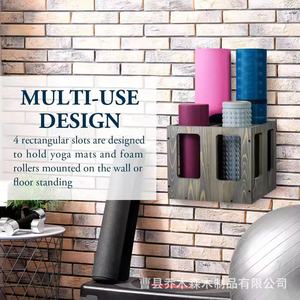 Estante de almacenamiento de madera para rodillos de espuma, organizador montado en la pared para esterillas de yoga, rectángulo gris retro para uso doméstico - Product Image 3