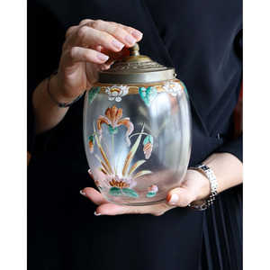 Grand vase en verre cylindrique de luxe peint à la main, en cristal, avec motif d'iris pour fleurs - Product Image 6