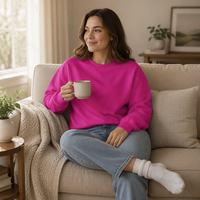 Sweat-shirt personnalisé à col ras du cou, col, poignets et ourlet côtelés, en molleton de coton épais, couleur fuchsia unie, à manches longues, décontracté