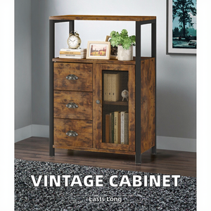 빈티지 스타일 3 단 스탠딩 욕실 및 주방 수납 캐비닛 1 도어 및 3 개의 이동식 서랍이있는 목재 주최자 - Product Image 2