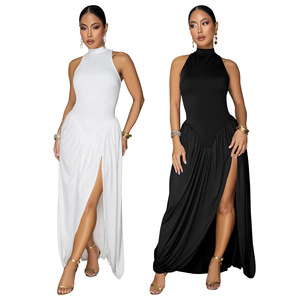 2026 New Solid Color Semi High Neck Sleeveless Dress with Split Temperament A-Line <b>Skirt</b> Wholesale - Product Image 1