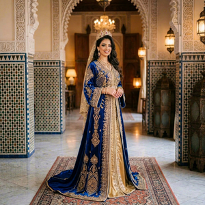 Hermoso y elegante vestido caftán de boda tradicional azul marino sobre dorado, bordado, largo hasta el suelo, para mujer, corte regular, en crepé banana. - Product Image 1