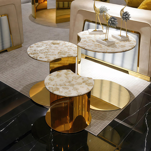 Table basse ronde en marbre luxueux, meubles de salon, base en acier inoxydable miroir couleur champagne, ensemble de 3 tables basses - Product Image 1