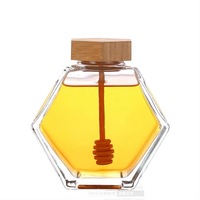 Pot à miel en verre hexagonal de 7 oz avec cuillère en bois et couvercle en liège pour le stockage alimentaire, solution de stockage 100% sûre et hygiénique