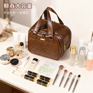 Large Capacity Portable Travel <b>Toiletry</b> Bag Oiled Leather Zipper Closure Rectangle Shape Multifunction Home <b>Storage</b> - Product Image 4