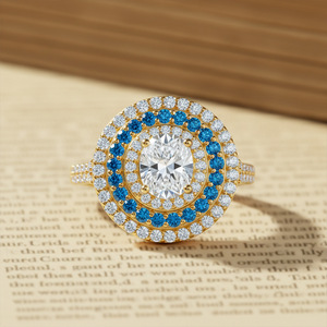 Classic Women's 925 Silver Moissanite Cocktail <b>Ring</b> Round Brilliant Cut Pave Setting Blue Gemstone Halo Engagement Jewelry - Product Image 6