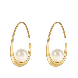 Hoop Arc Pearl <b>Earrings</b> | Trendy 18K PVD Gold Plated Stainless Steel <b>Hooks</b> | Lustrous Zircon Waterproof Hypoallergenic Jewelry - Product Image 1
