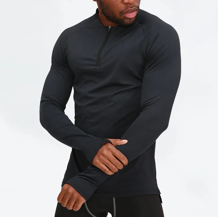 Camisa manga longa com zíper para homens, camiseta de academia com manga comprida, tecido respirável e secagem rápida, 2021