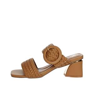 Sandales à talons pour femmes, mules à talon bloc avec lanières tressées marron - Product Image 1